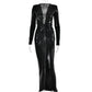 Élégante robe maxi métallisée pour femme, col en V sexy, manches longues, fronces flatteuses et fente haute. Parfaite pour les soirées, clubs ou événements chics. Style glamour et féminin.
