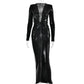 Élégante robe maxi métallisée pour femme, col en V sexy, manches longues, fronces flatteuses et fente haute. Parfaite pour les soirées, clubs ou événements chics. Style glamour et féminin.
