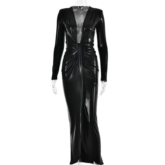 Élégante robe maxi métallisée pour femme, col en V sexy, manches longues, fronces flatteuses et fente haute. Parfaite pour les soirées, clubs ou événements chics. Style glamour et féminin.