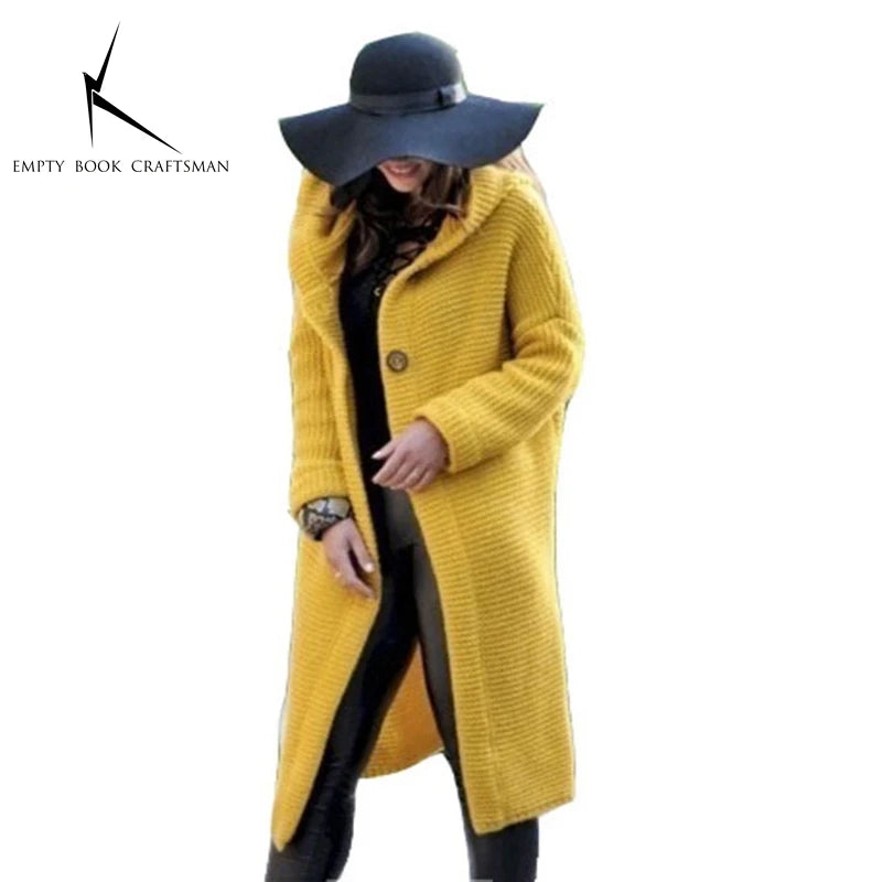 Cardigan Long à Capuche Femme – Pull Tricoté Automne Hiver.
