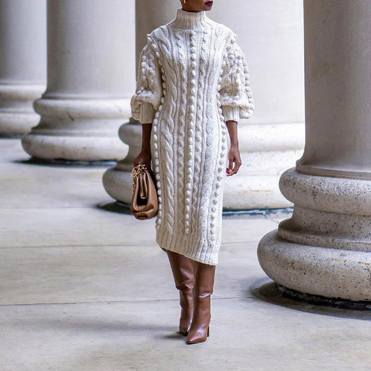 Robe Pull Femme Col Haut – Tricot Épais Fendu sur le Côté, Style Streetwear Élégant Automne Hiver.
