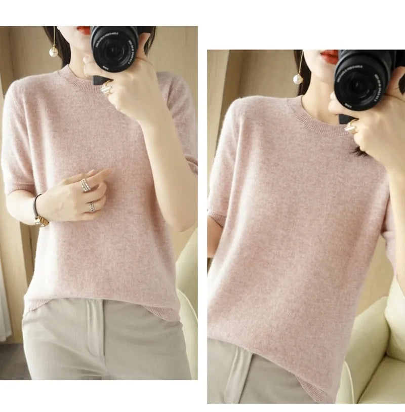 Pull Femme Slim à Manches Courtes – Tricot Col Rond Léger Printemps Été 2025 |