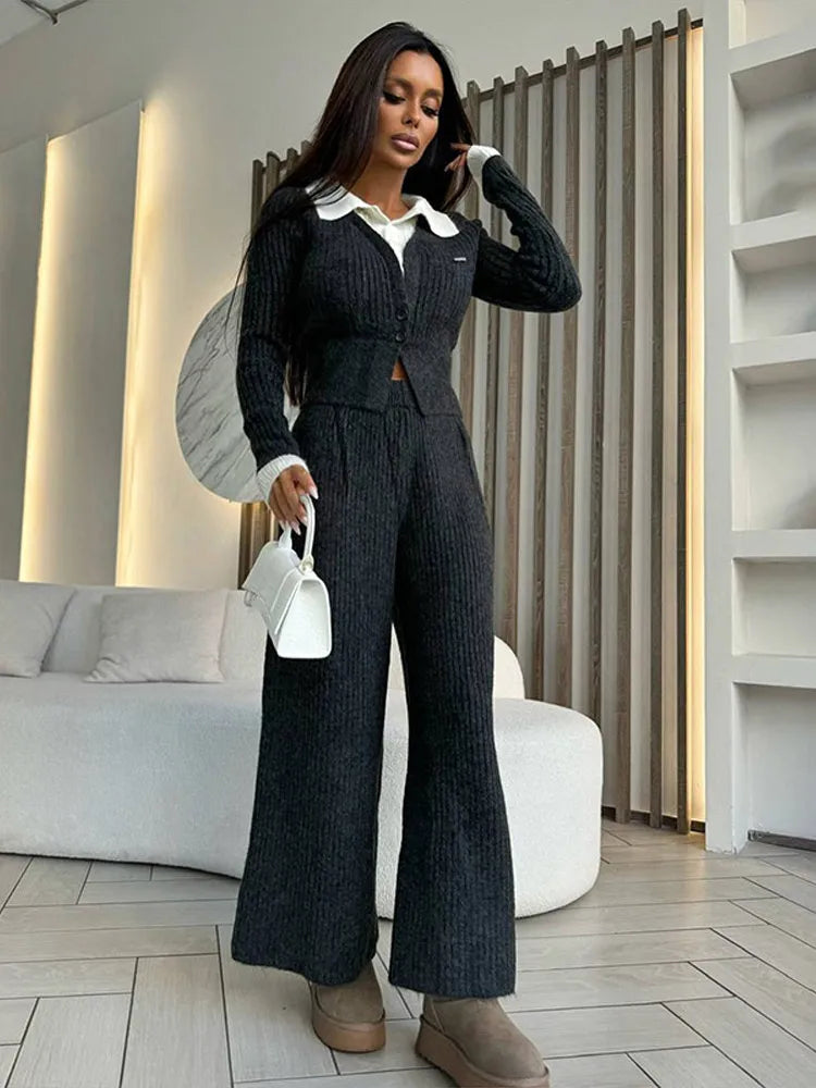 Ensemble Femme 2 Pièces – Haut Tricot Boutonné à Col Revers & Pantalon Loose, Style Décontracté Chic Automne | F-laglam.