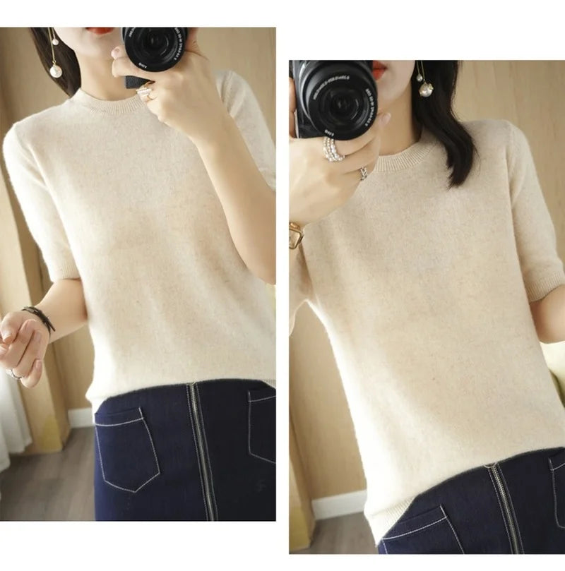 Pull Femme Slim à Manches Courtes – Tricot Col Rond Léger Printemps Été 2025 |.