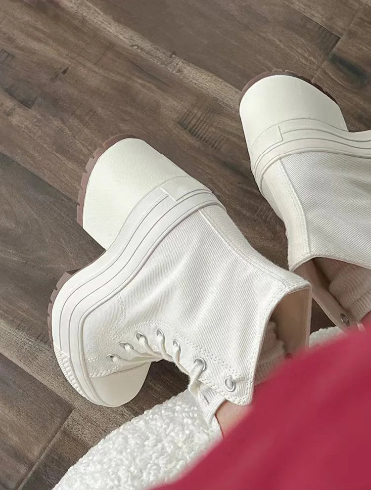 Baskets Compensées Femme en Toile – Style Skateboard, Lacets, Mode Décontractée et Extérieure