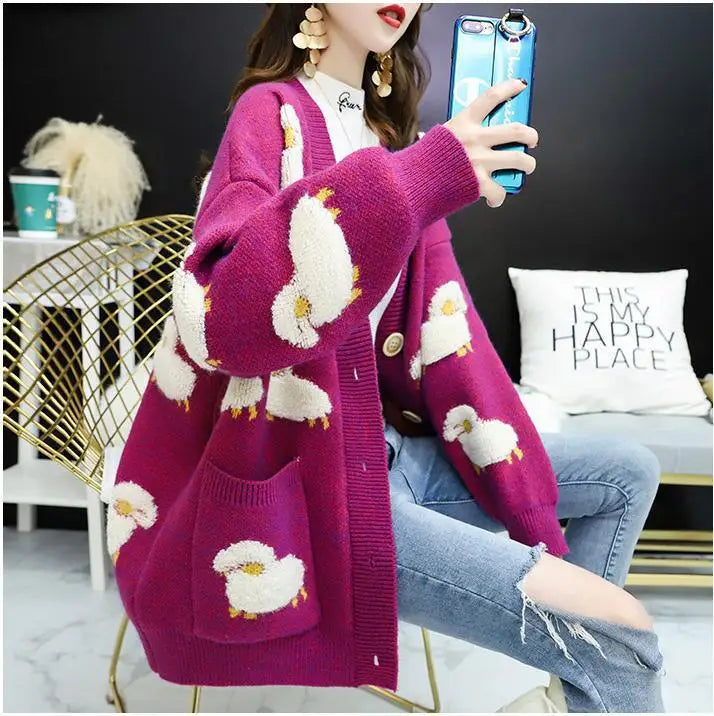 Cardigan Femme Loose – Tricot Cartoon avec Poches Mouton, Style Colorblock Automne Hiver.