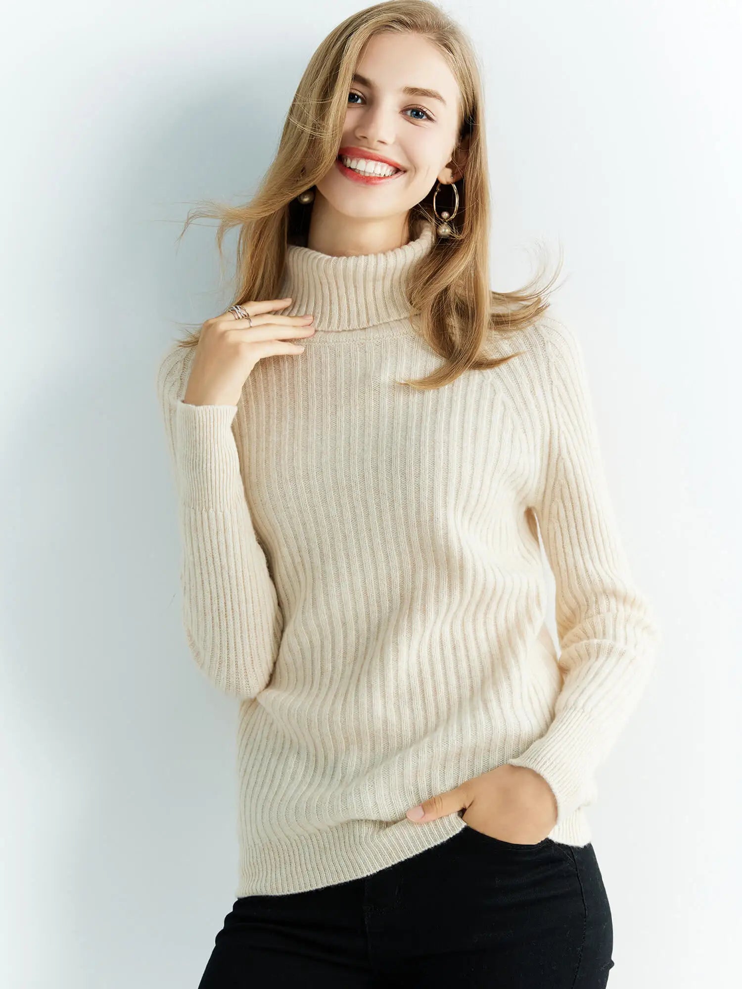 Pull Femme en Laine Mérinos 100 % – Col Roulé Tricoté Cachemire Automne Hiver.