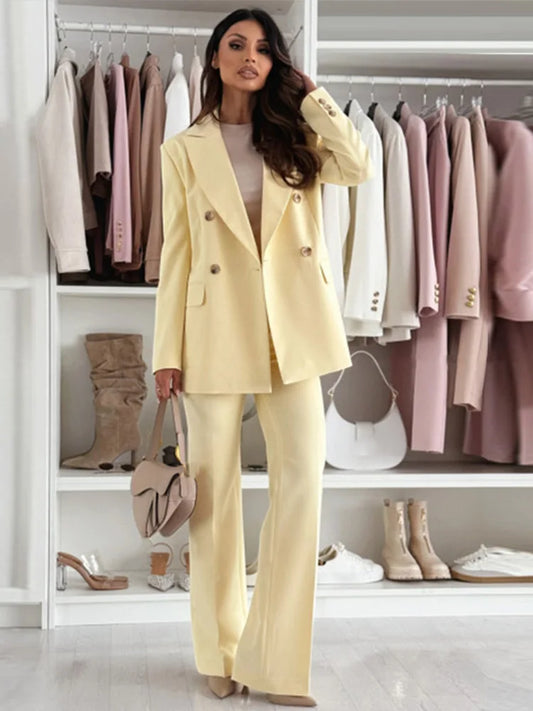 Tailleur Femme 2 Pièces Jaune Citron – Blazer Élégant Manches Longues & Pantalon Droit Taille Haute Printemps 2025 | F-laglam.