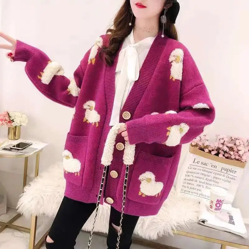 Cardigan Femme Loose – Tricot Cartoon avec Poches Mouton, Style Colorblock Automne Hiver.