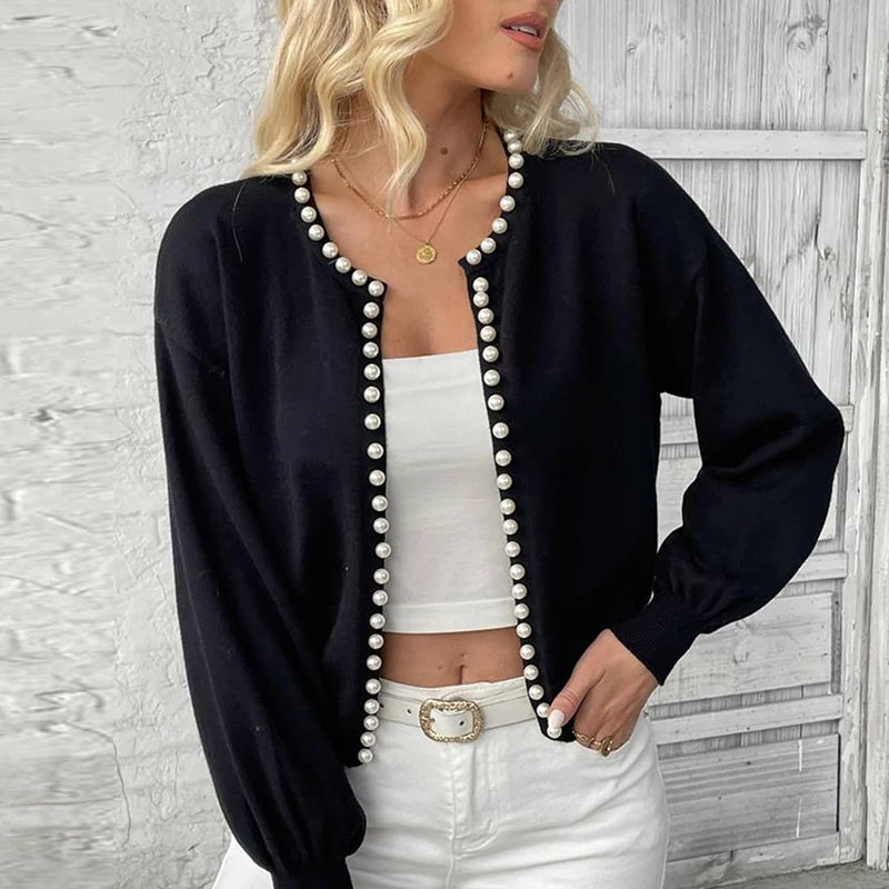Cardigan Femme Blanc Élégant – Tricot Chic à Perles, Manches Longues Automne Hiver.