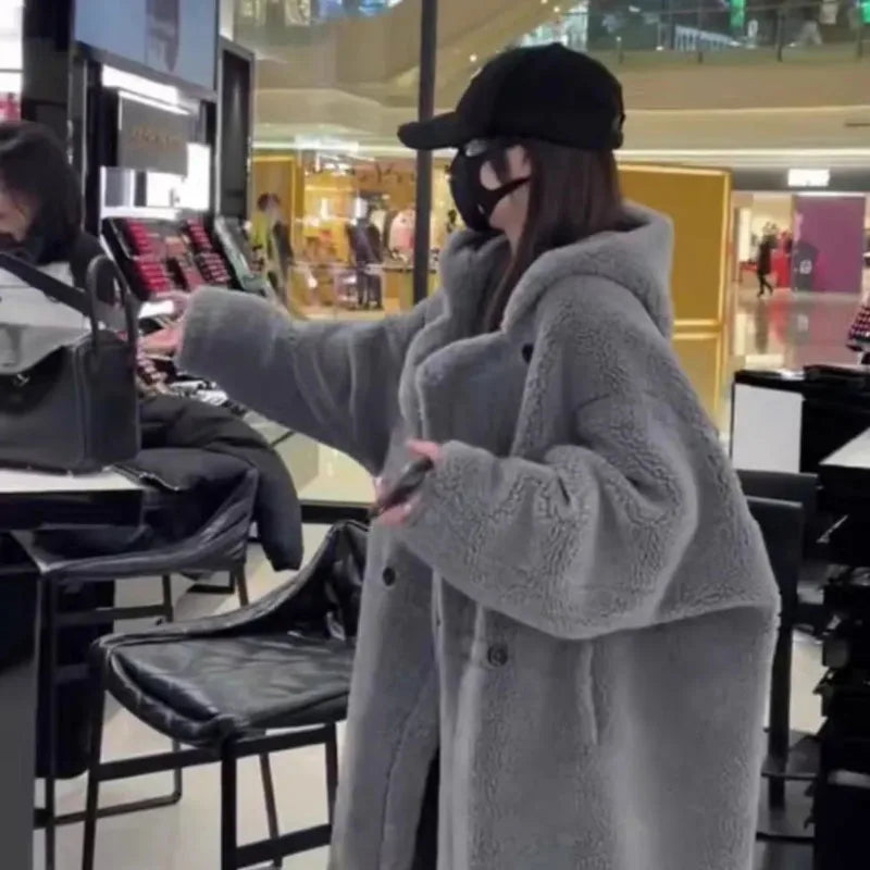 Manteau Femme Hiver 2024 – Veste Cocoon à Capuche en Laine d’Agneau Épaisse, Parka Chaude Shearling