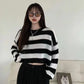 Pull Court Femme Rayé – Tricot Loose O-neck Streetwear Automne Hiver.