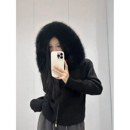 Cardigan Loose Femme avec Col en Fourrure Amovible – Pull Tricoté à Capuche Style Y2K Harajuku.