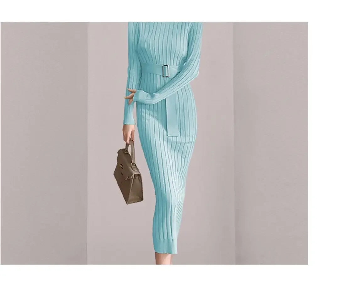Robe Pull Longue Femme – Tricot Élastique Ajusté Style Coréen Élégant Automne Hiver.