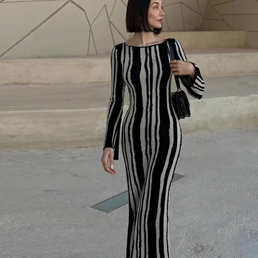 Robe Pull Longue Femme – Tricot Rayé Slim Bodycon Élégante pour l’Hiver | F-laglam.