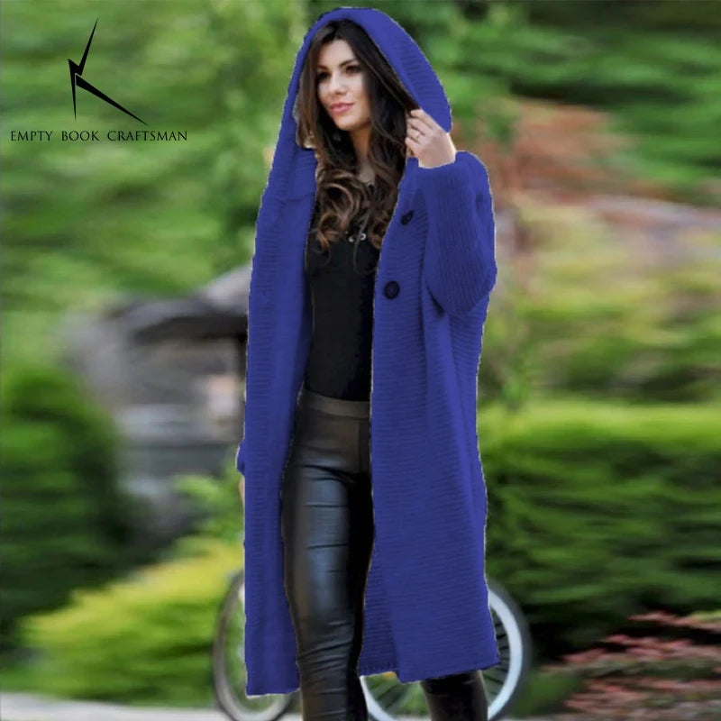 Cardigan Long à Capuche Femme – Pull Tricoté Automne Hiver.
