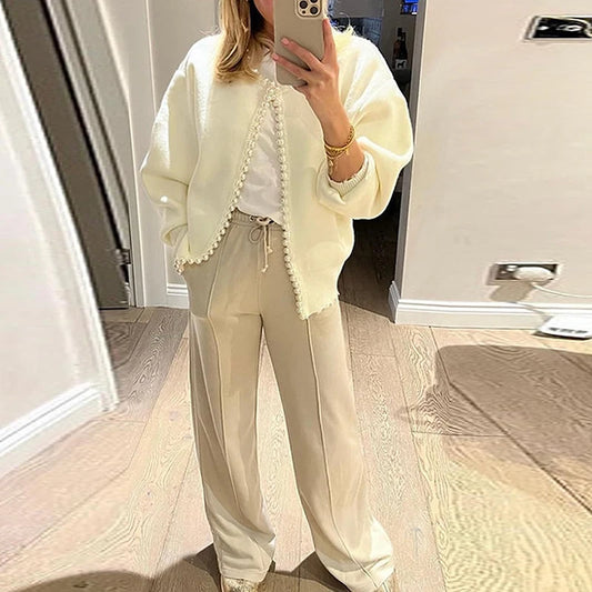 Cardigan Femme Blanc Élégant – Tricot Chic à Perles, Manches Longues Automne Hiver.