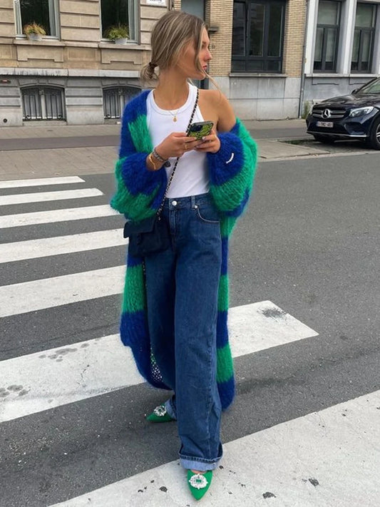Manteau Long Tricoté Femme – Cardigan Rayé Épais à Manches Lanternes.