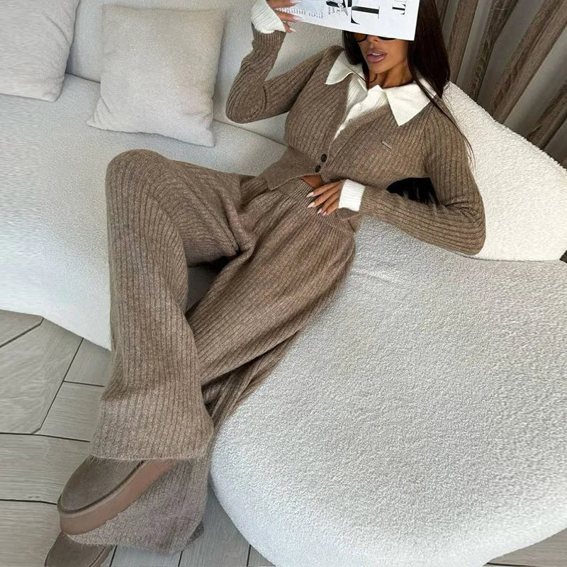 Ensemble Femme 2 Pièces – Haut Tricot Boutonné à Col Revers & Pantalon Loose, Style Décontracté Chic Automne | F-laglam.