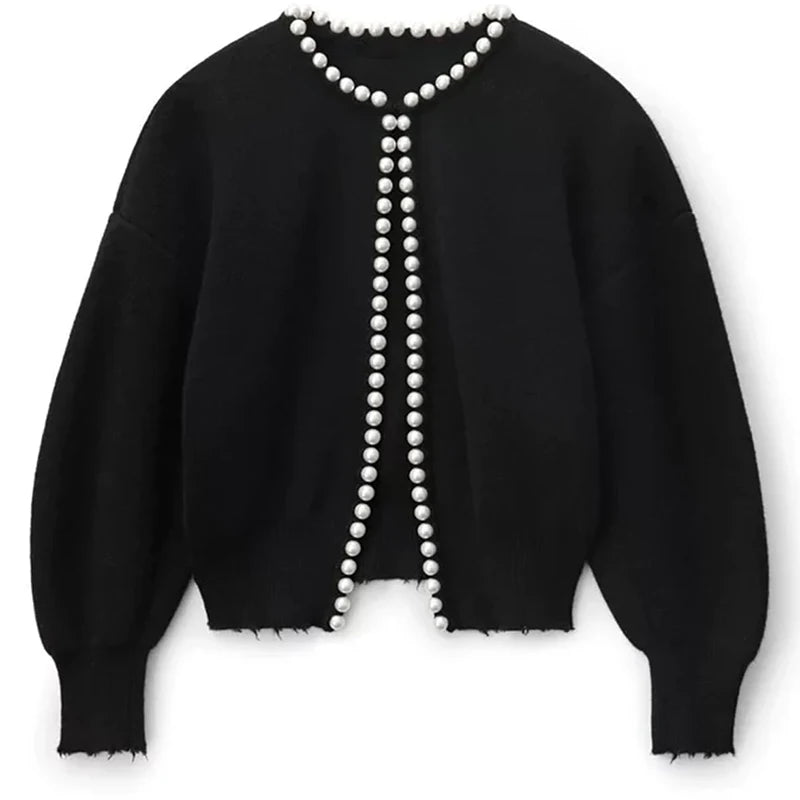 Cardigan Femme Blanc Élégant – Tricot Chic à Perles, Manches Longues Automne Hiver.