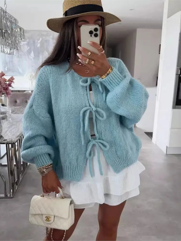 Cardigan Femme Élégant – Tricot Uni avec Lacet, Col Rond, Style Simple Chic |.
