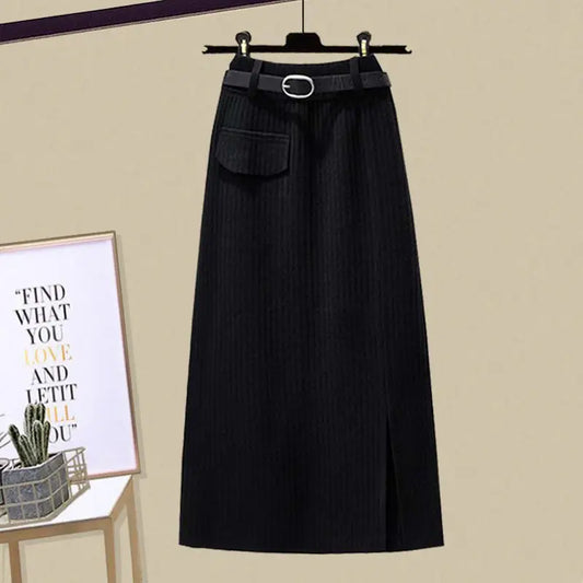 Ensemble Femme 2 Pièces – Pull Col V Tricoté & Jupe Taille Haute, Outfit Chic Coréen.