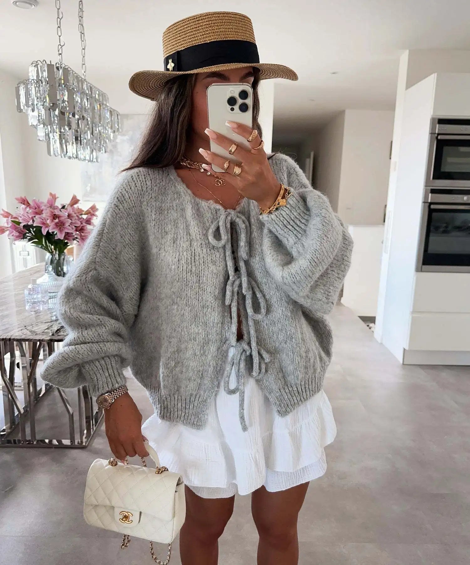 Cardigan Femme Élégant – Tricot Uni avec Lacet, Col Rond, Style Simple Chic |.