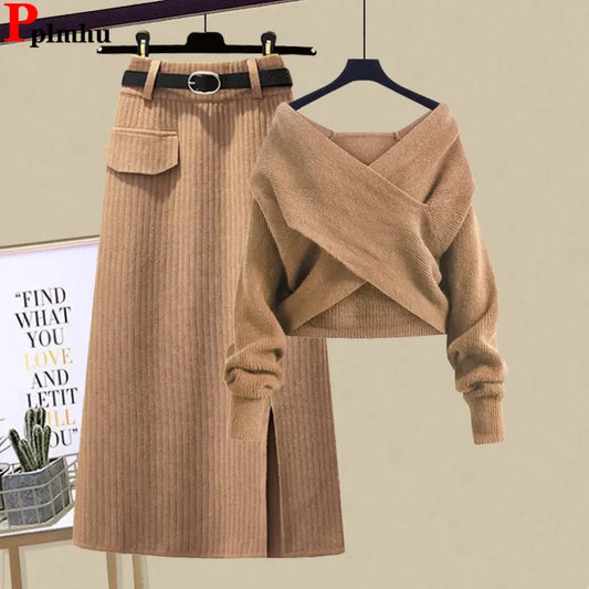 Ensemble Femme 2 Pièces – Pull Col V Tricoté & Jupe Taille Haute, Outfit Chic Coréen.