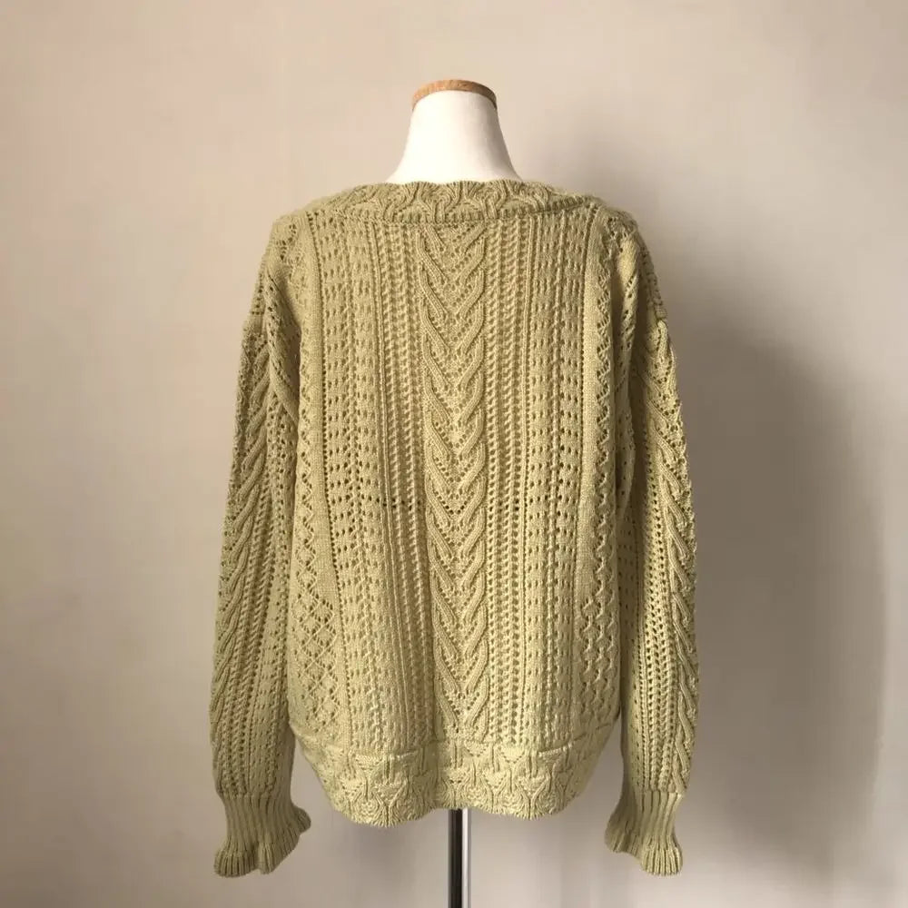 Cardigan Femme Blanc Sexy – Tricot Loose Col V Profond à Manches Longues, Maille Ajurée Été.