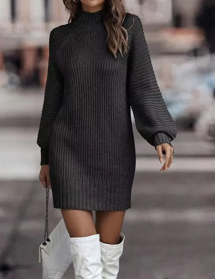 Robe pull femme à col montant et manches longues – automne/hiver élégante