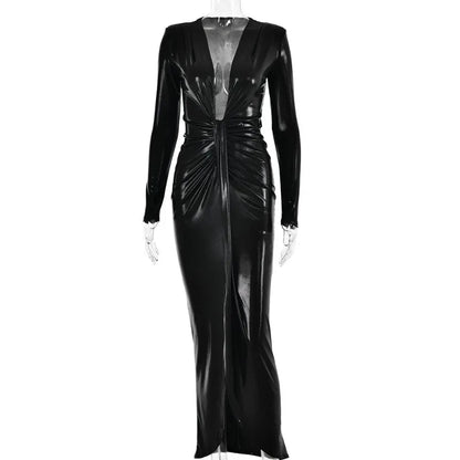 Élégante robe maxi métallisée pour femme, col en V sexy, manches longues, fronces flatteuses et fente haute. Parfaite pour les soirées, clubs ou événements chics. Style glamour et féminin.