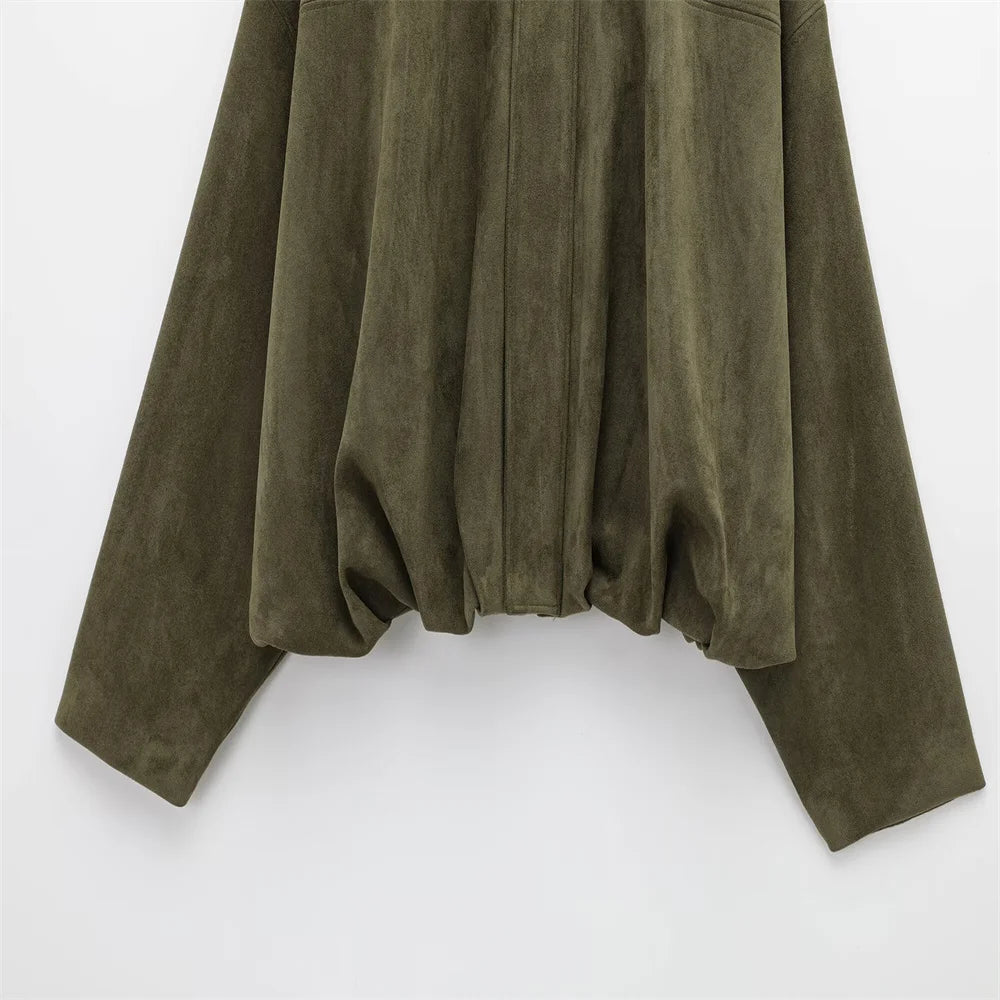 Veste Femme Suédine Synthétique PB&ZA 2025 – Coupe Ample Vert Olive