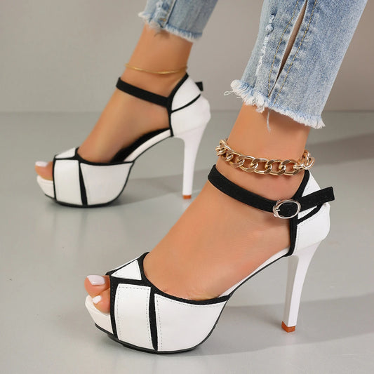Sandales Femme à Talons Fins – Colorblock Peep Toe Plateforme Été Sexy |.