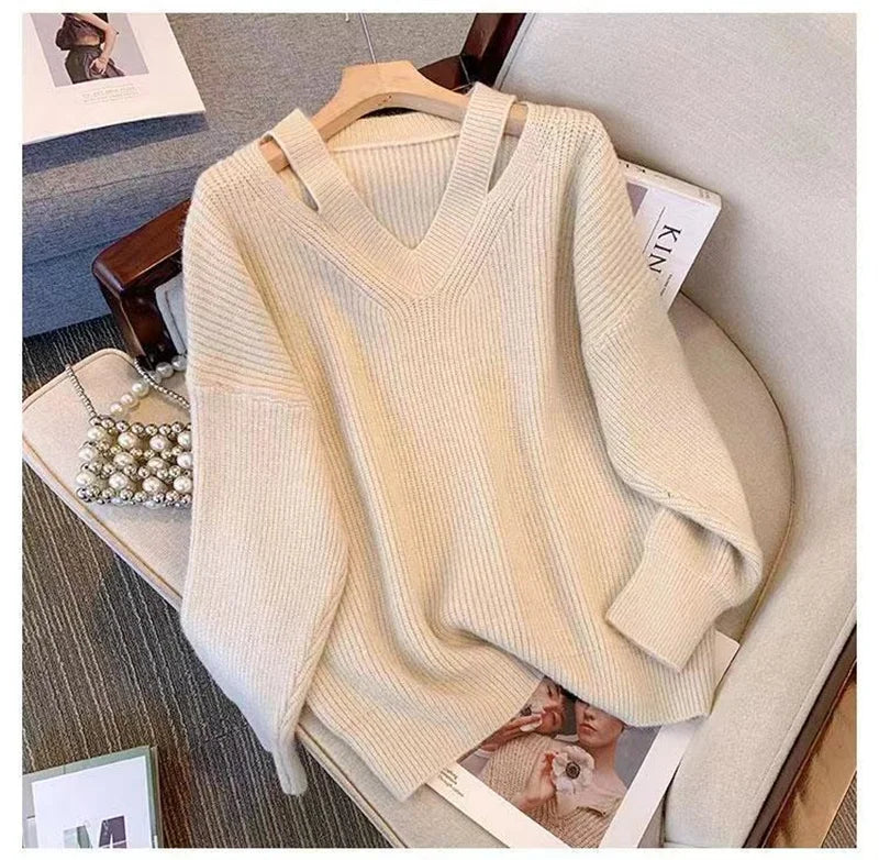 Pull Femme Loose Col V – Tricot Doux Uni Style Basique Automne.