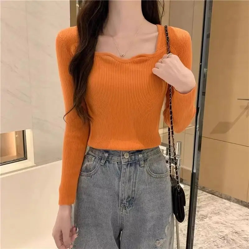 Pull Femme Col Carré – Tricot Slim Uni Style Rétro Coréen Automne Hiver | F-laglam