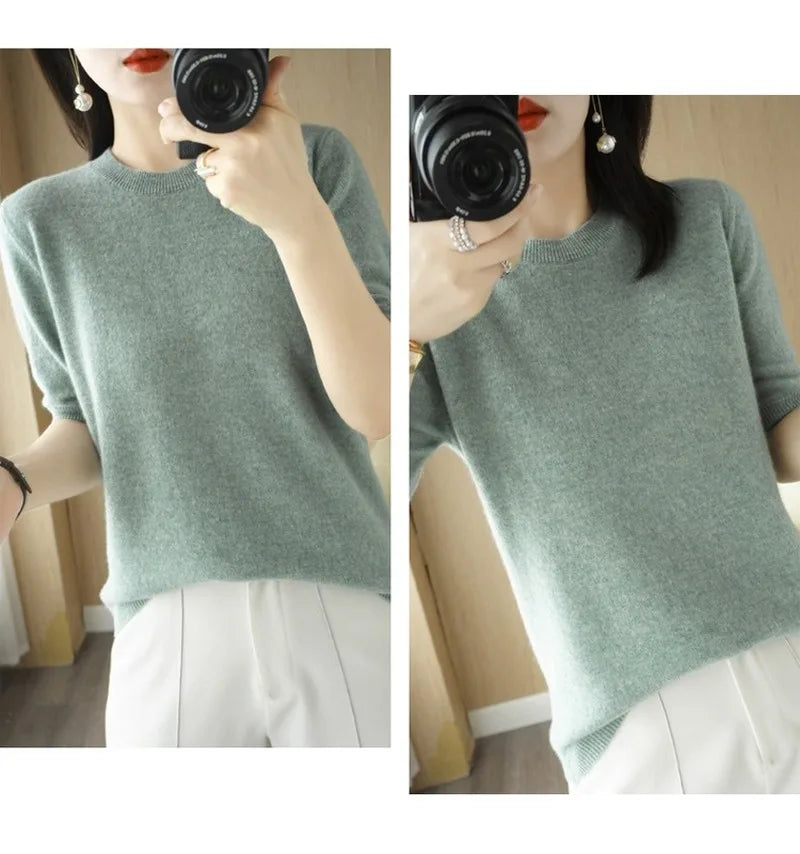 Pull Femme Slim à Manches Courtes – Tricot Col Rond Léger Printemps Été 2025 |