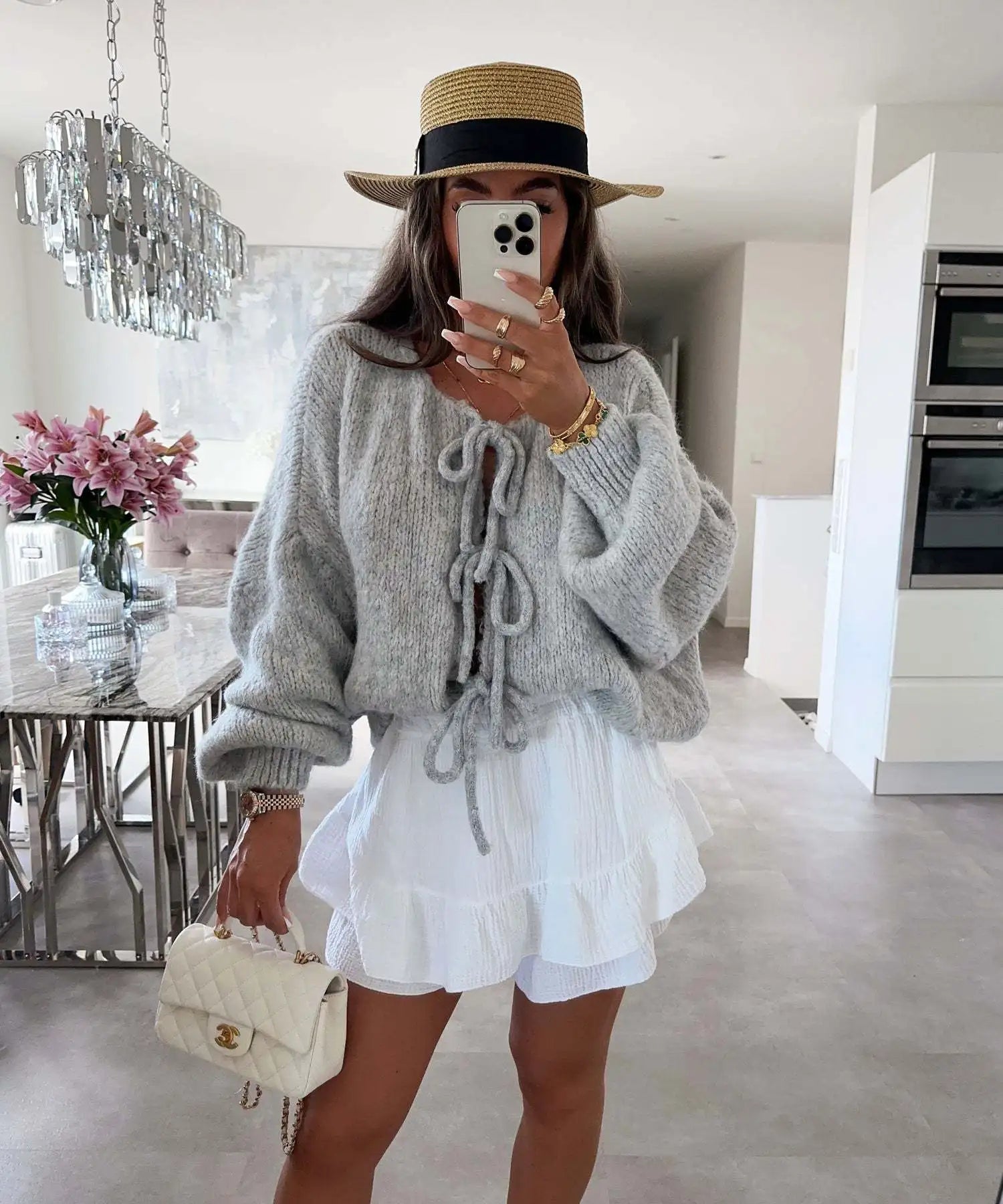 Cardigan Femme Élégant – Tricot Uni avec Lacet, Col Rond, Style Simple Chic |.