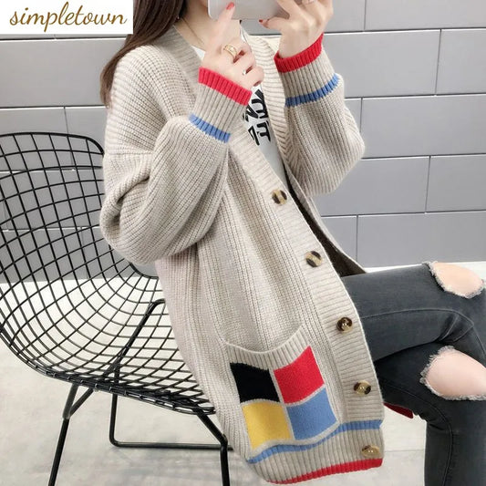 Cardigan Femme Mi-long – Manteau Tricoté Loose Style Coréen Printemps Automne.