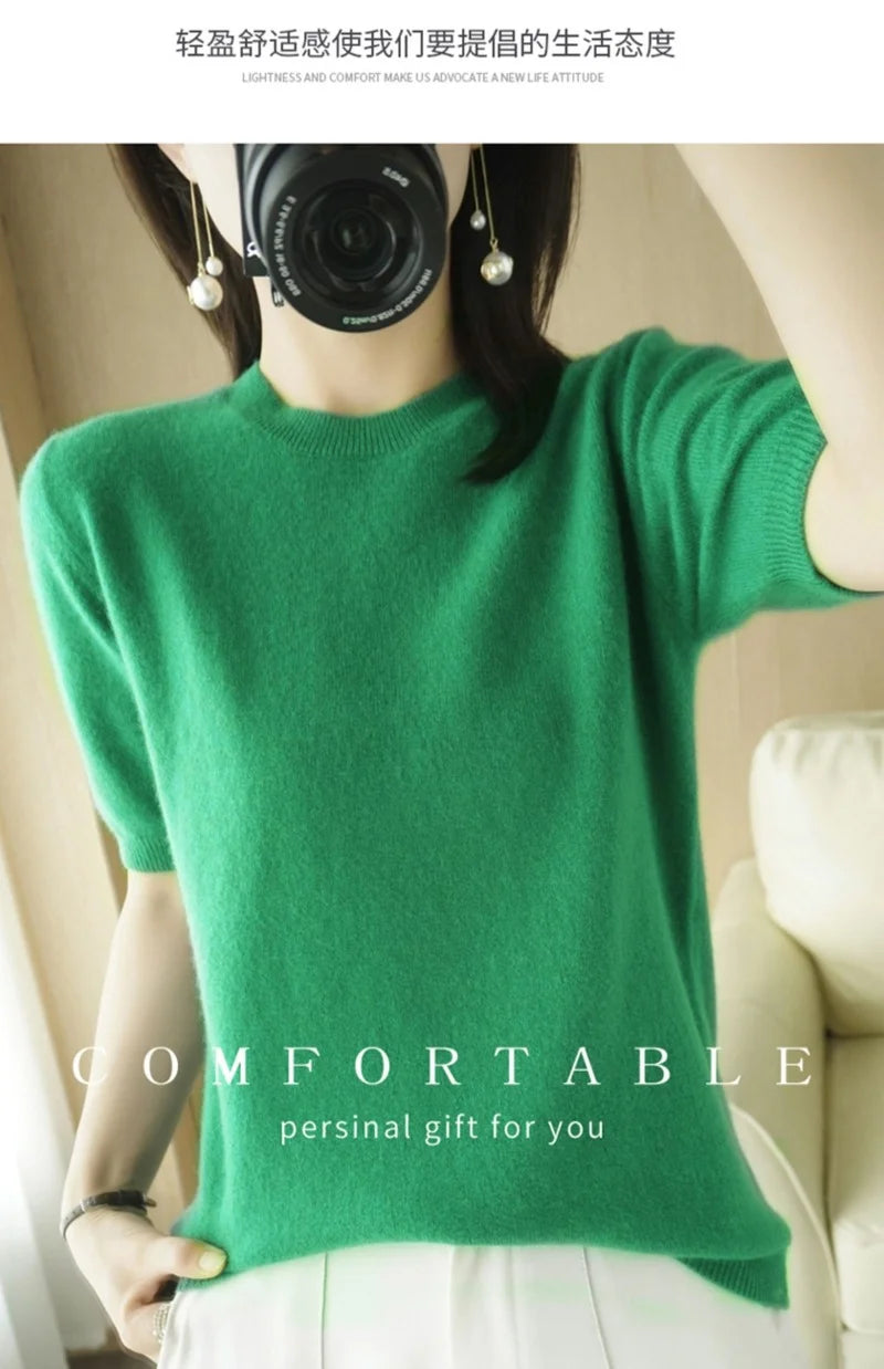 Pull Femme Slim à Manches Courtes – Tricot Col Rond Léger Printemps Été 2025 |.