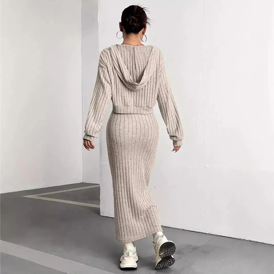 Ensemble Femme 2 Pièces – Robe Pull Loose & Hoodie Tricoté Manches Longues, Style Casual Commuting Automne Hiver 2024 | F-laglam.