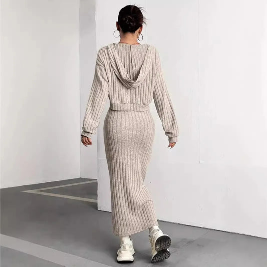 Ensemble Femme 2 Pièces – Robe Pull Loose & Hoodie Tricoté Manches Longues, Style Casual Commuting Automne Hiver 2024 | F-laglam.