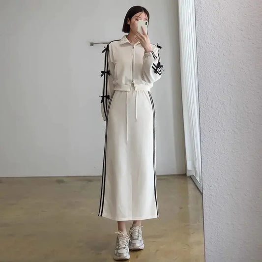 Ensemble Femme Coréen Chic – Manteau Long Manches Longues & Robe Mini Droite, Style Casual Élégant Automne.