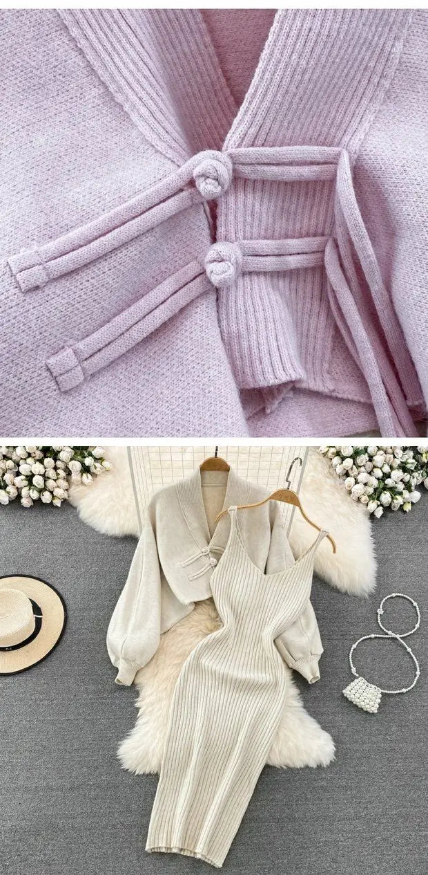 Ensemble Femme 2 Pièces – Cardigan Tricoté à Lacets & Robe Camisole, Style Chinois Moderne Élégant |