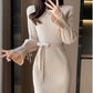 Robe pull femme automne/hiver – col V, manches évasées, coupe ajustée