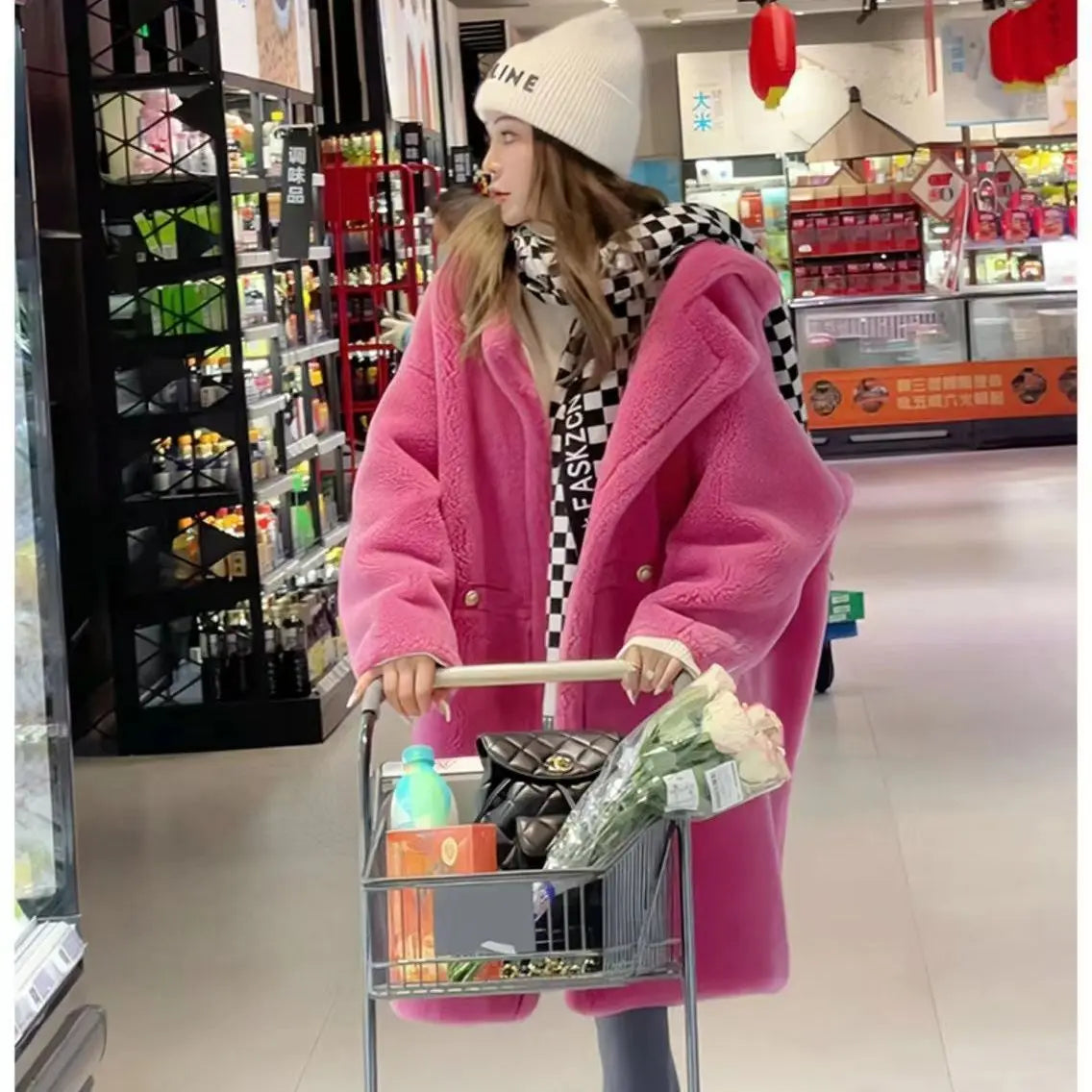 Manteau Femme Hiver 2024 – Veste Cocoon à Capuche en Laine d’Agneau Épaisse, Parka Chaude Shearling.