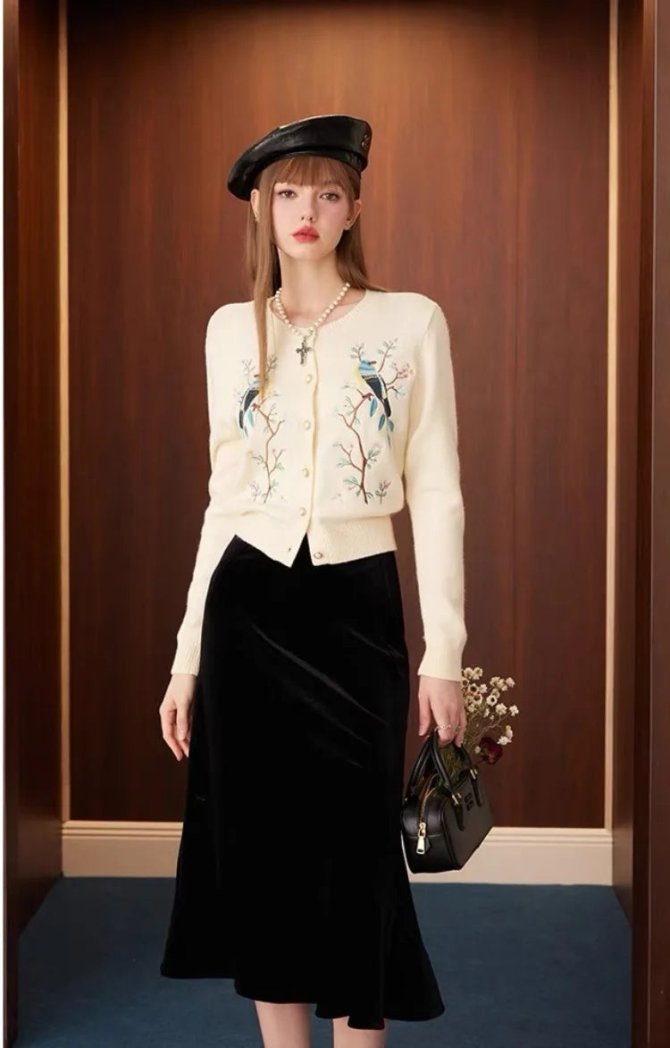 Cardigan Femme Brodé Fleurs & Oiseaux – Tricot Vintage Col Rond Manches Longues Printempps Automn.
