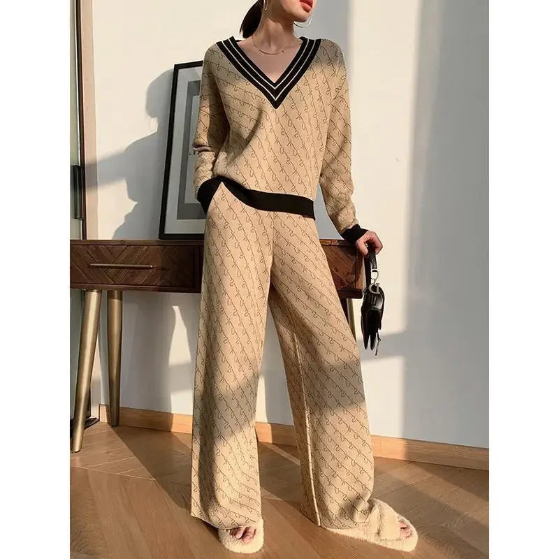Ensemble Femme 2 Pièces – Pull Élégant & Pantalon Patte d’Éléphant Loose-Fit, Outfit Tendance Printemps Automne 2024 | F-laglam.