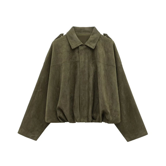 Veste Femme Suédine Synthétique PB&ZA 2025 – Coupe Ample Vert Olive