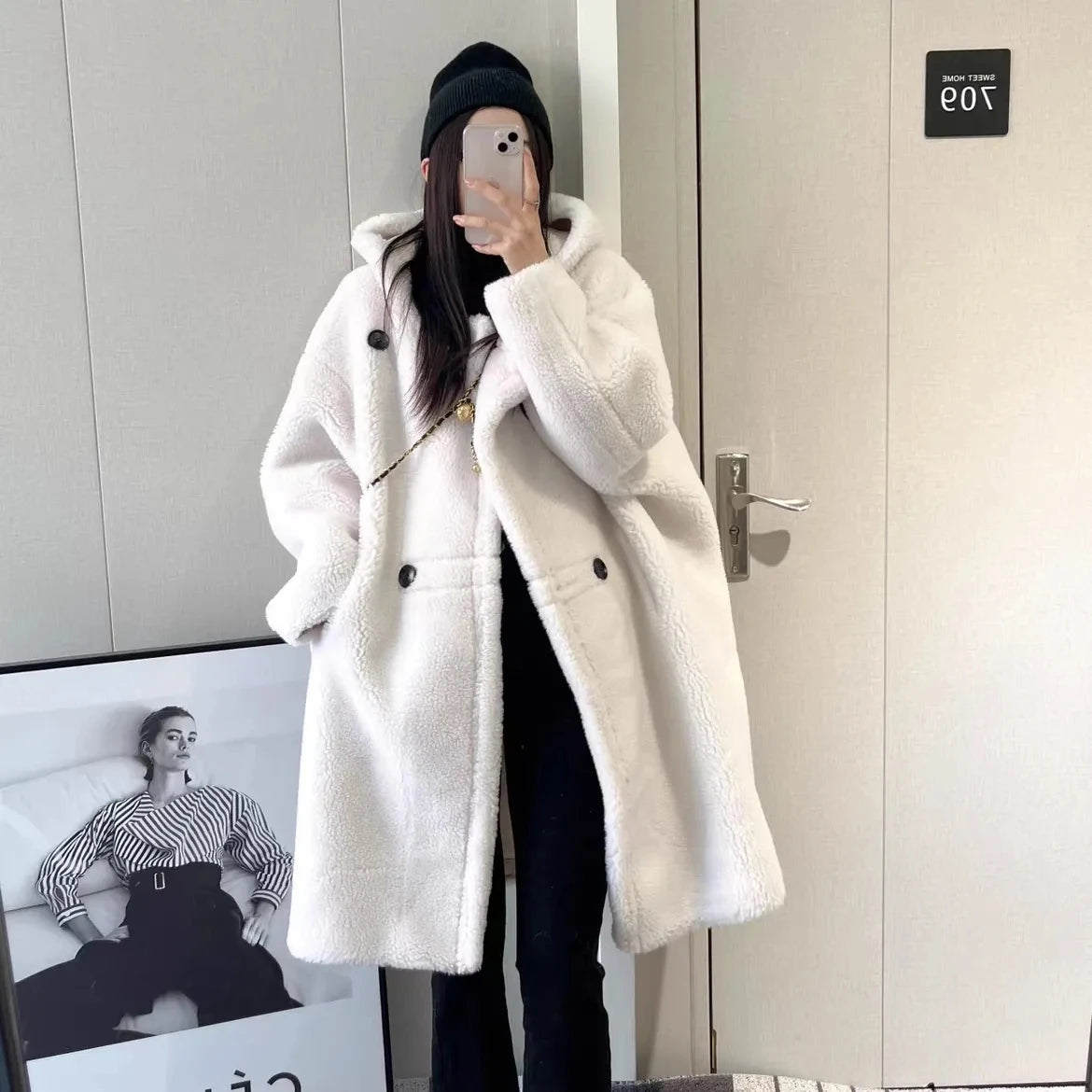 Manteau Femme Hiver 2024 – Veste Cocoon à Capuche en Laine d’Agneau Épaisse, Parka Chaude Shearling