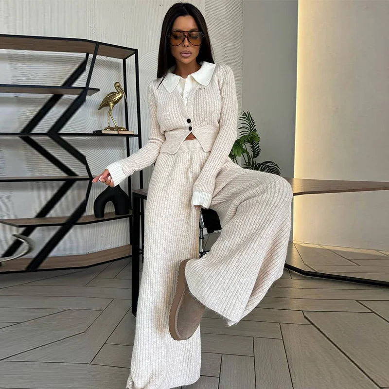 Ensemble Femme 2 Pièces – Haut Tricot Boutonné à Col Revers & Pantalon Loose, Style Décontracté Chic Automne | F-laglam.